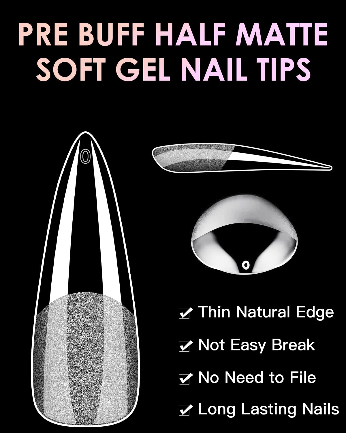 Soft Gel Nail Tips Long Stiletto, 120PCS Pre Buff Full Cover Nail Extenison Tips Half Matte Gel Nail Tips BORNBYME
