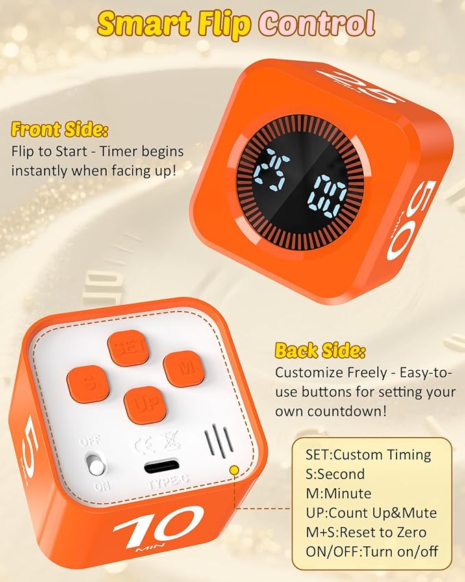 Pomodoro Timer Cube Visual Productivity Flip Timer for Kids Classroom Desk, 5/10/25/50min&Custom Countdown, Silent&Sound Mode Digital Cube for ADHD Study Work School Game Kitchen (Orange)