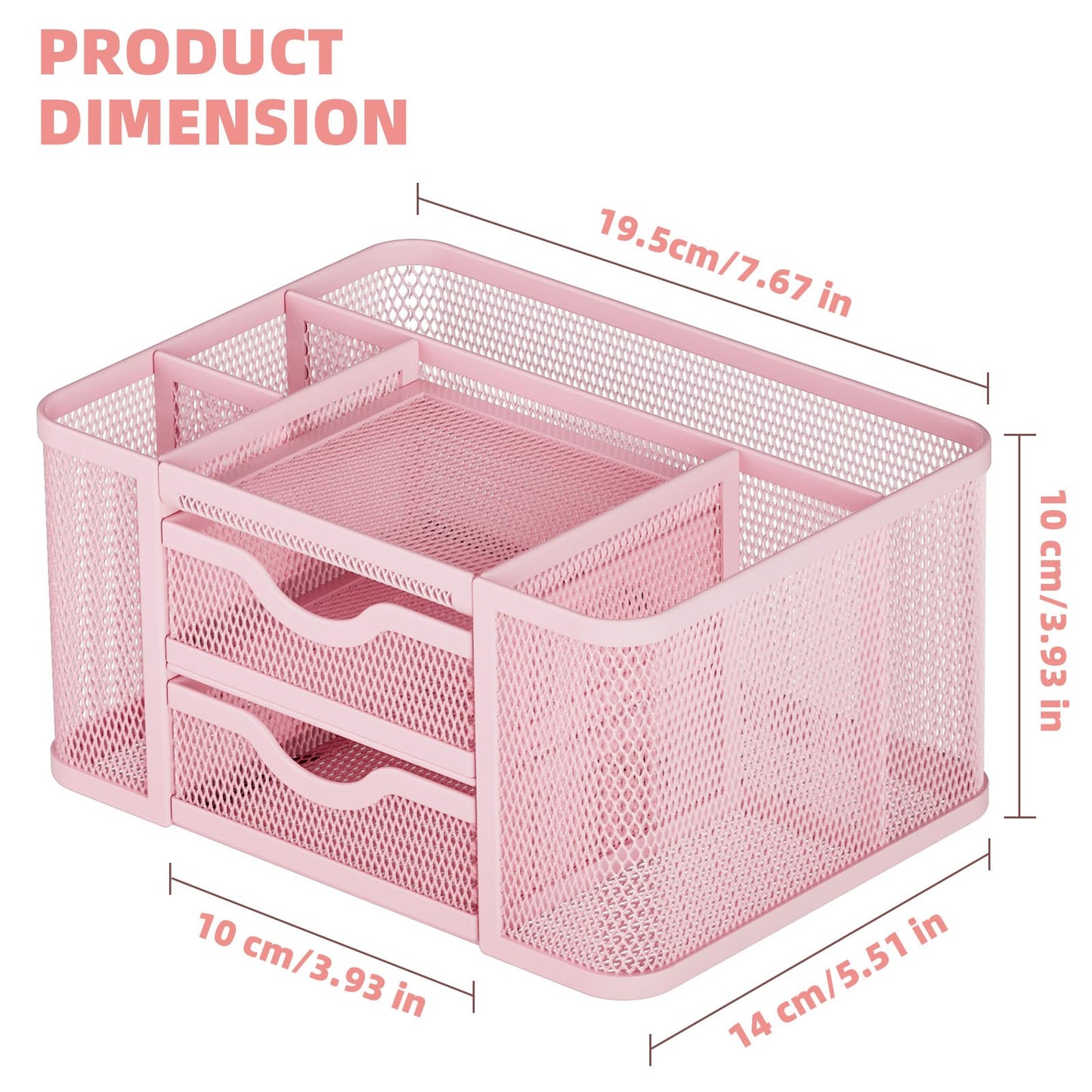 Marbrasse Mesh Desk Organizer, Pen Organizer with 2 Drawer, Multi-Functional Pencil Holder, Desk Organizers and Accessories with 5 Compartments + Drawer for Office Art Supplies (Pink)