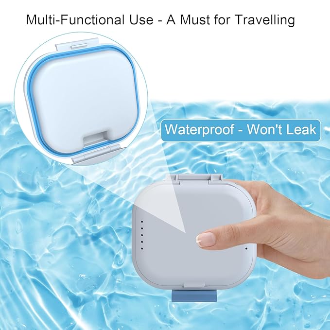 BVN Leakproof Denture Cup, Upgraded Carrying Storage, Denture Bath Box with Filter, Denture Cup for Soaking Dentures, Travel Retainer Cleaning Case (White+Blue).