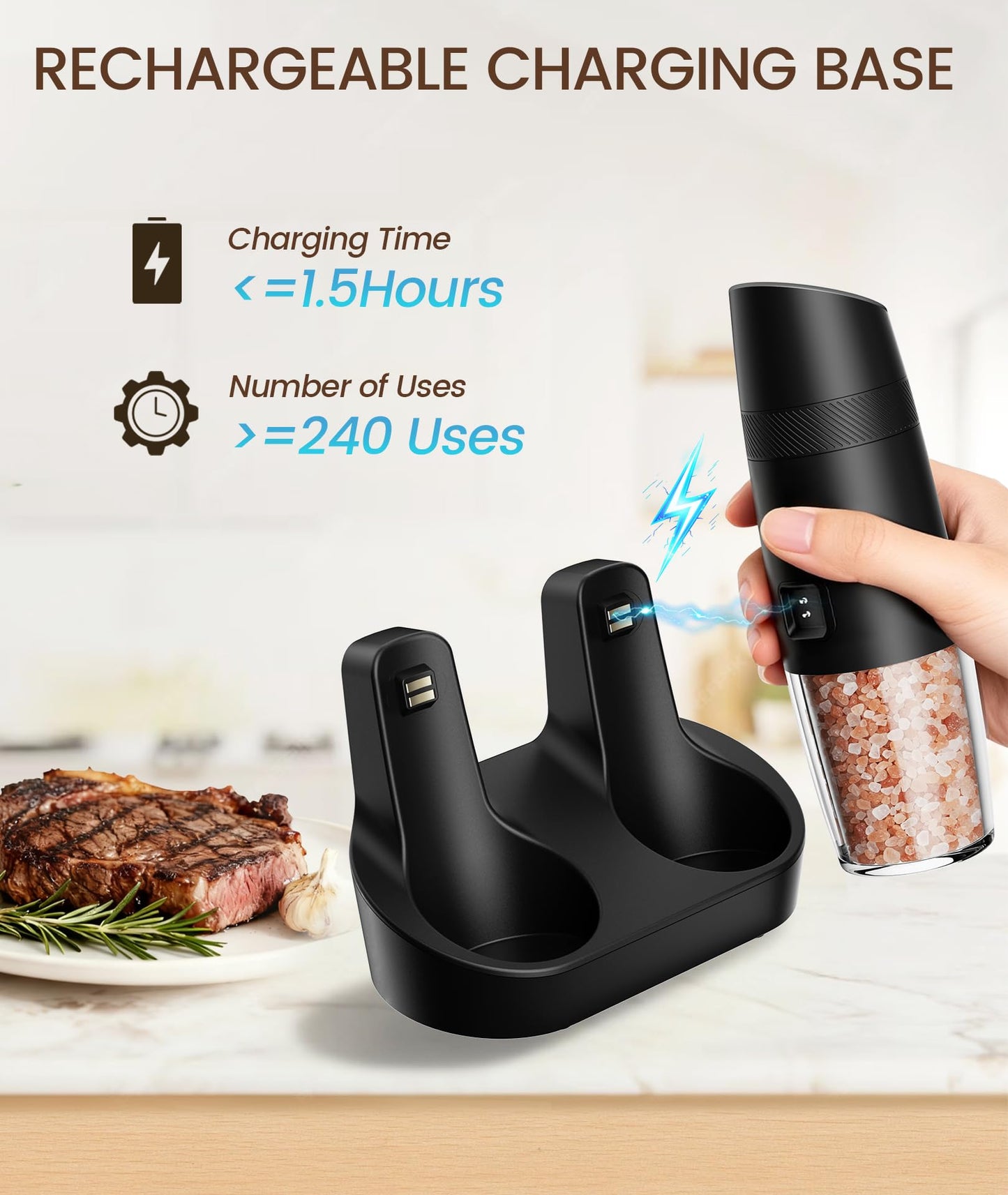 Ringco Gravity Electric Salt and Pepper Grinder Set with Charging Base, Automatic Gravity Salt and Pepper Mill with Adjustable Coarseness, LED Light, 135ml Large Capacity, Gifts for Women