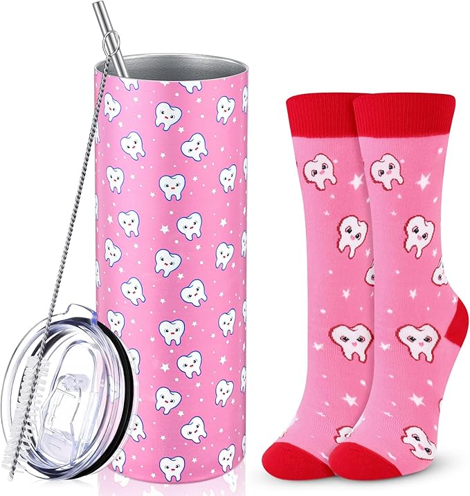 Umigy 2 Pcs Dental Assistant Gifts 2025 Dental Hygienist Appreciation Gifts 20 oz Teeth Print Tumbler with Lid and Sock for Women for Nurse Week Appreciation Dentist Christmas Birthday(Pink)