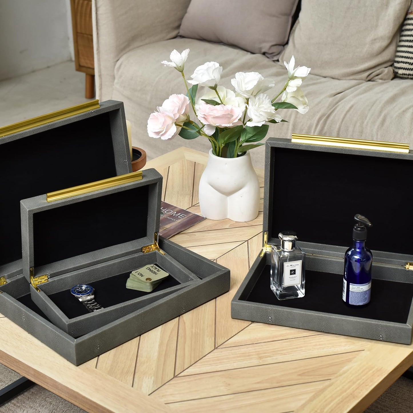 DECOR4SEASON Faux Shagreen Decorative Storage Boxes – Set of 3 Stackable Jewelry Organizers with Gold Metal Handles & Velvet Lining, Modern Grey Box for Vanity, Entryway & Coffee Table Décor