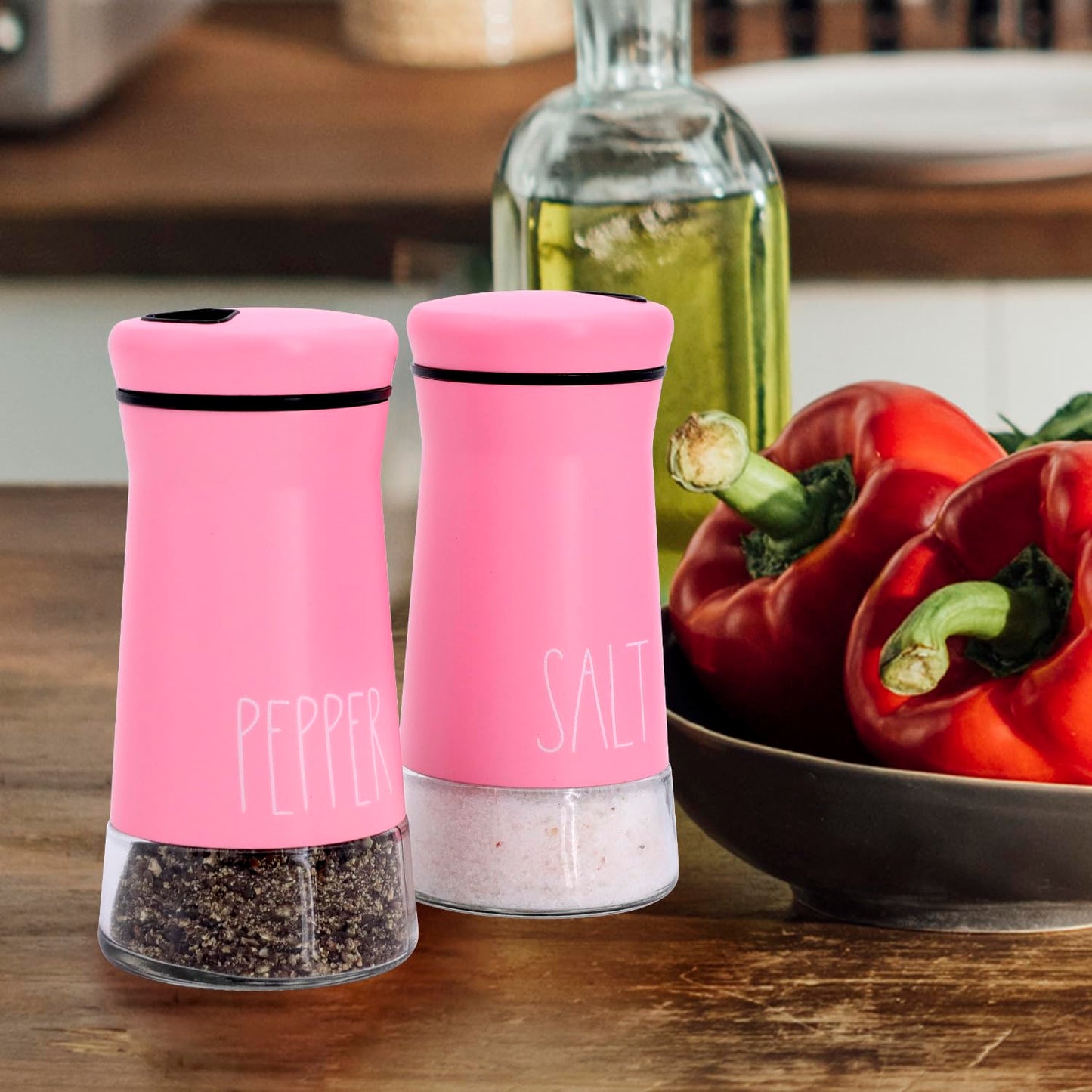 Pink Salt and Pepper Shakers with Adjustable Pour Holes, Refillable Salt Shaker by Aelga, Ideal for Himalayan, Kosher, Black and White Pepper, Pink Kitchen Accessories