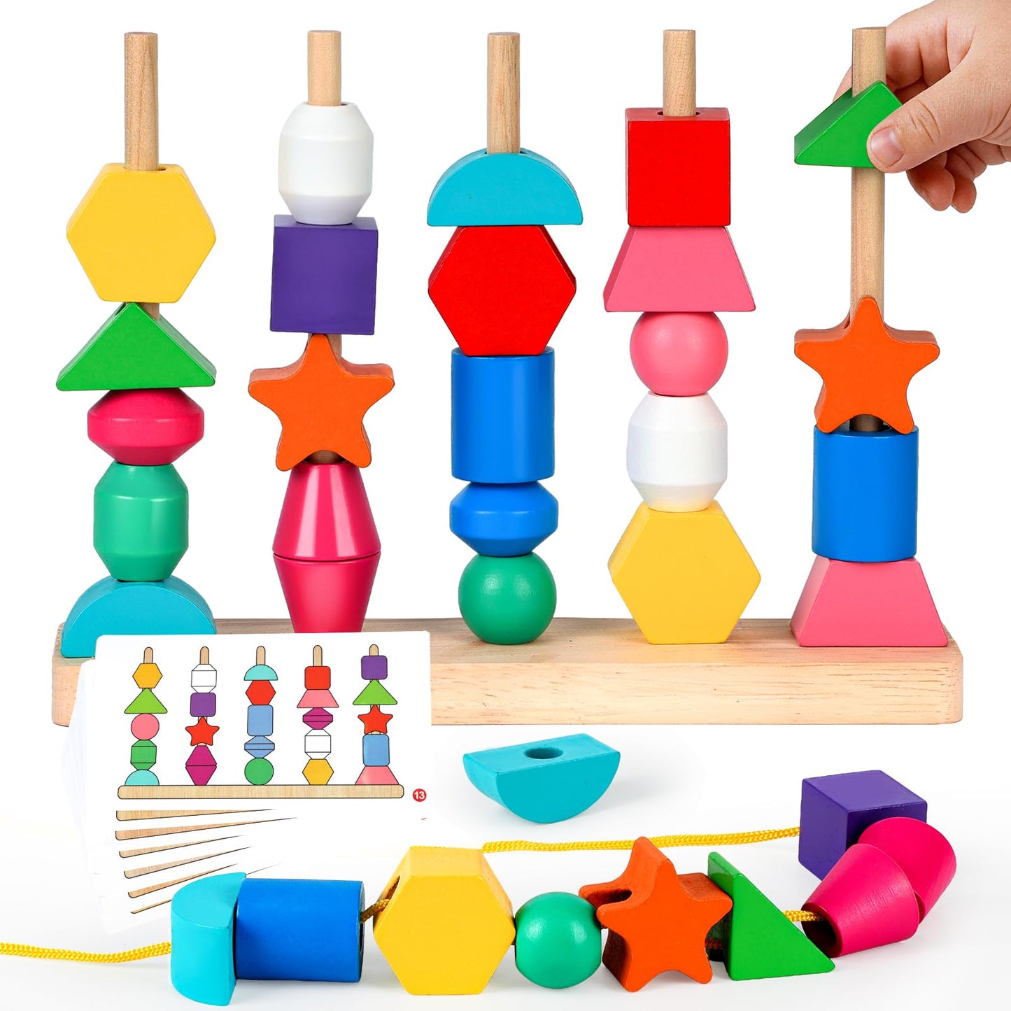 JRUXJWI Montessori Wooden Threading Beads Set for Toddlers 3 4 5, Bead Sequencing & Stacking Toy with Pattern Cards, Lacing Beads, Shape Matching Stacker, Fine Motor STEM Learning Gift