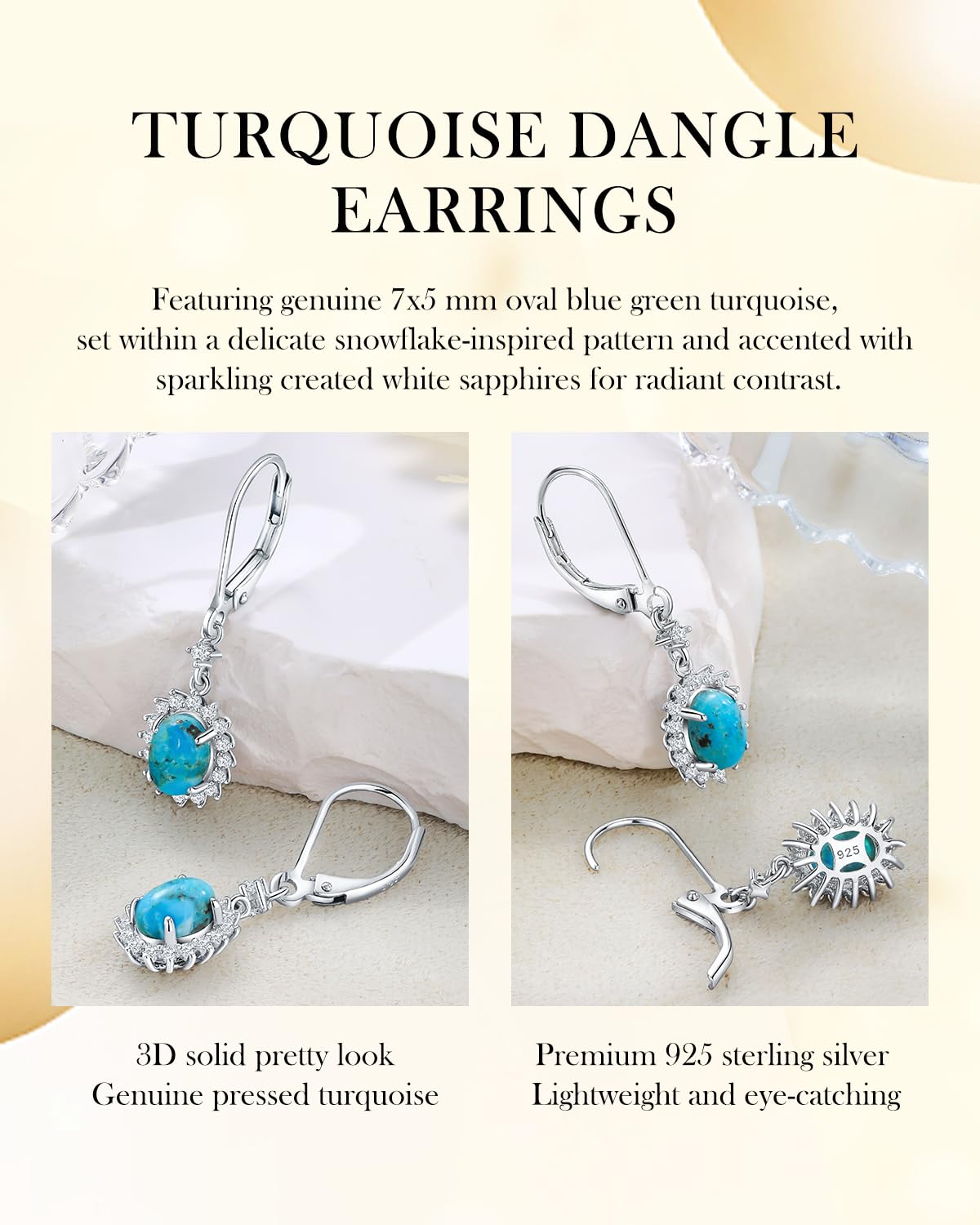 AIBAO Turquoise Dangle Earrings for Women Blue Gemstone Snowflake Dangling Earrings Western Boho Jewelry Sterling Silver Oval Turquoise Drop Earrings