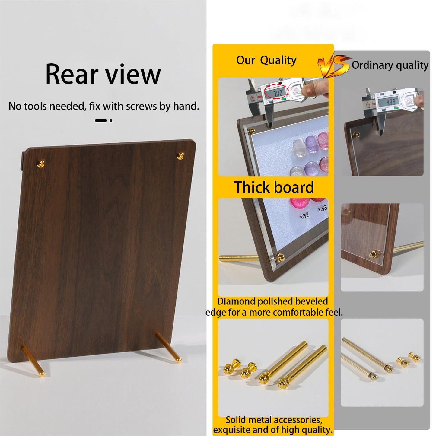 Acycoin2A Walnut Wood Nail Color Display Board Photo Frame Nail Polish Glue Template Color Card with False Nail Tips and Number Sticker