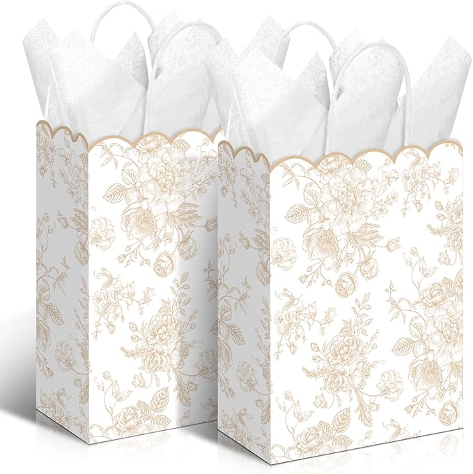 Kolldenn 24 Pcs Beige Floral Party Favor Bags with Handles Scalloped Wildflower Goodie Candy Gift Treat Bags for Birthday Decoration for Bridal Baby Shower Party Supplies