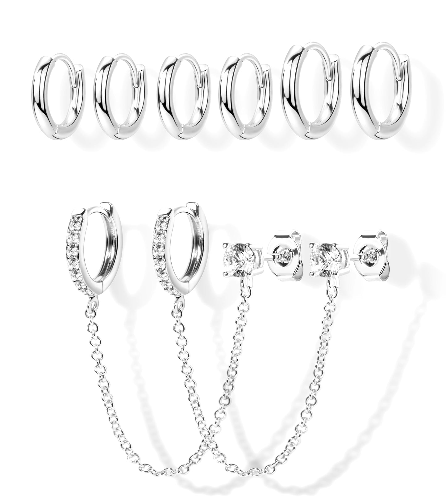 Silve Chain Hoop Stud Earrings for Women, Huggie Small Stack Cartilage Chain Hoop Earring Sets for Multiple Double Piercing, Conch Helix Rook Tragus Daith Piercing Silver Clip On Jewelry Set Gifts