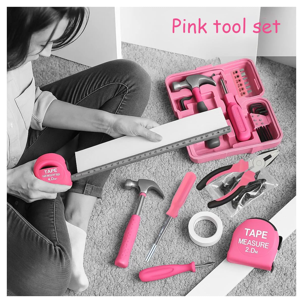 24 Pieces Pink Home Tool Set, mini Tool Box Basics Household Tool Kit Box for Men and Women DIY