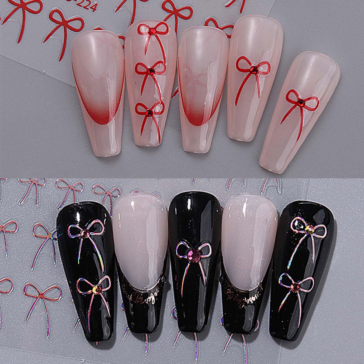 Cute Bow Nail Art Stickers 8 Sheets - Self-Adhesive Nail Decals Glossy Finish, Colors: Black, White, Red, Gold & Aurora, 3D Embossed Nail Stickers for Women DIY