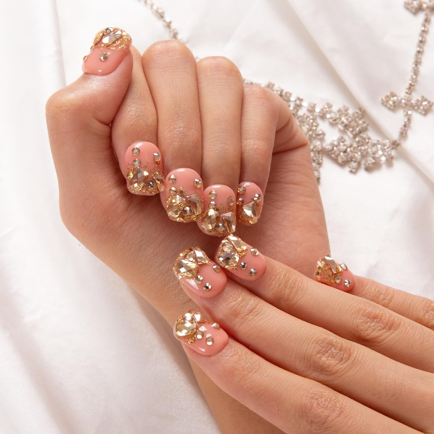 LOVFUL Press on Nails Stardust Gold Rhinestone | Handmade with Full Covered Crystals | Reusable Fake Nails | Square Short 0.8 in | H84-S
