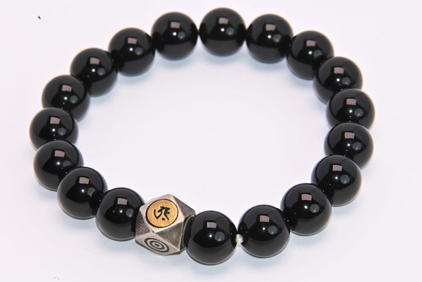 FAIRY CONCEPT Natural Black Obsidian Beaded Bracelet with Metal Charm, Polished Stone Beads, Elastic Stretch Design, Unisex Protection Jewelry