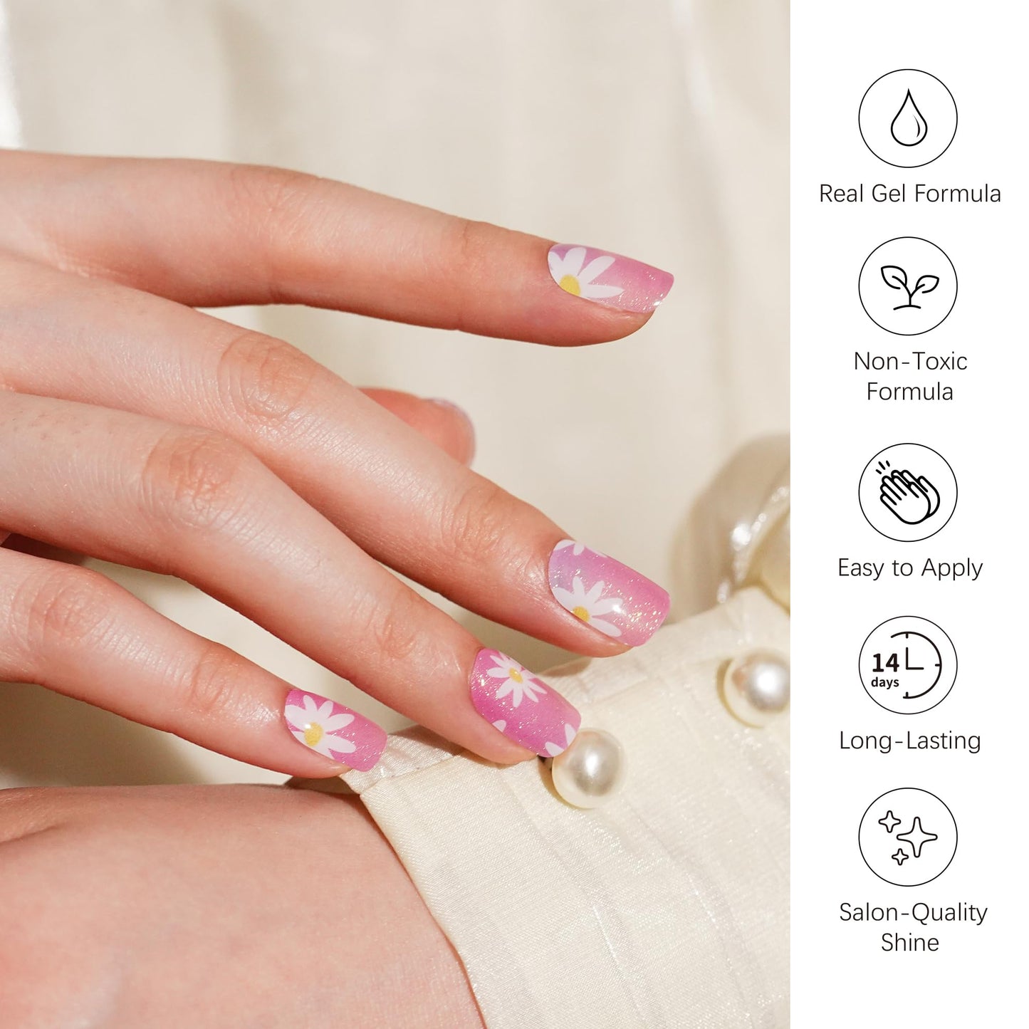 DANNI & TONI Semi Cured Gel Nail Strips Daisy Pink Holographic Gradient Gel Nail Wraps 28 Stickers | Aurora Bloom