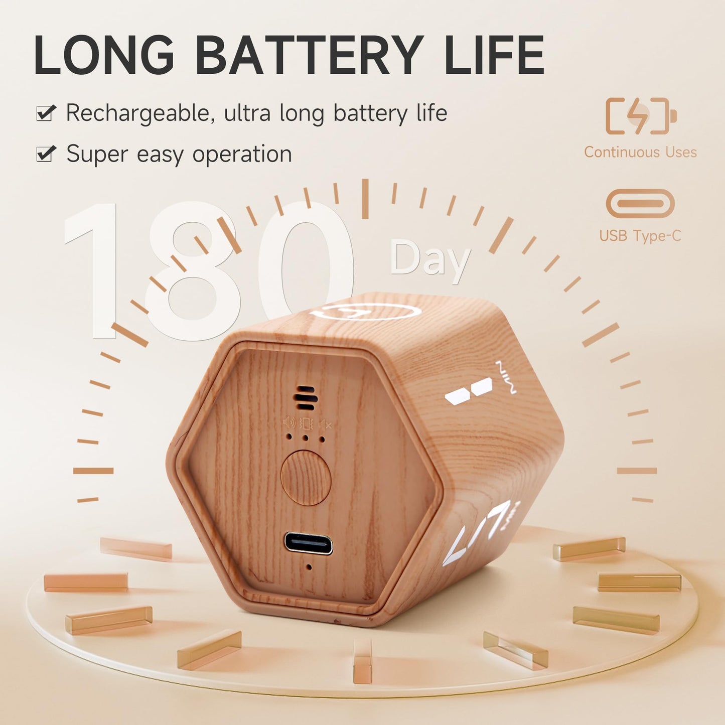 Exlliy Productivity Timer 1, 5, 10, 30, 60 Minutes Preset, Desk Cube Timer with Gravity Sensor/Mute/Vibration for ADHD, Work, Study, Kitchen, Back to School (Wood Grain)