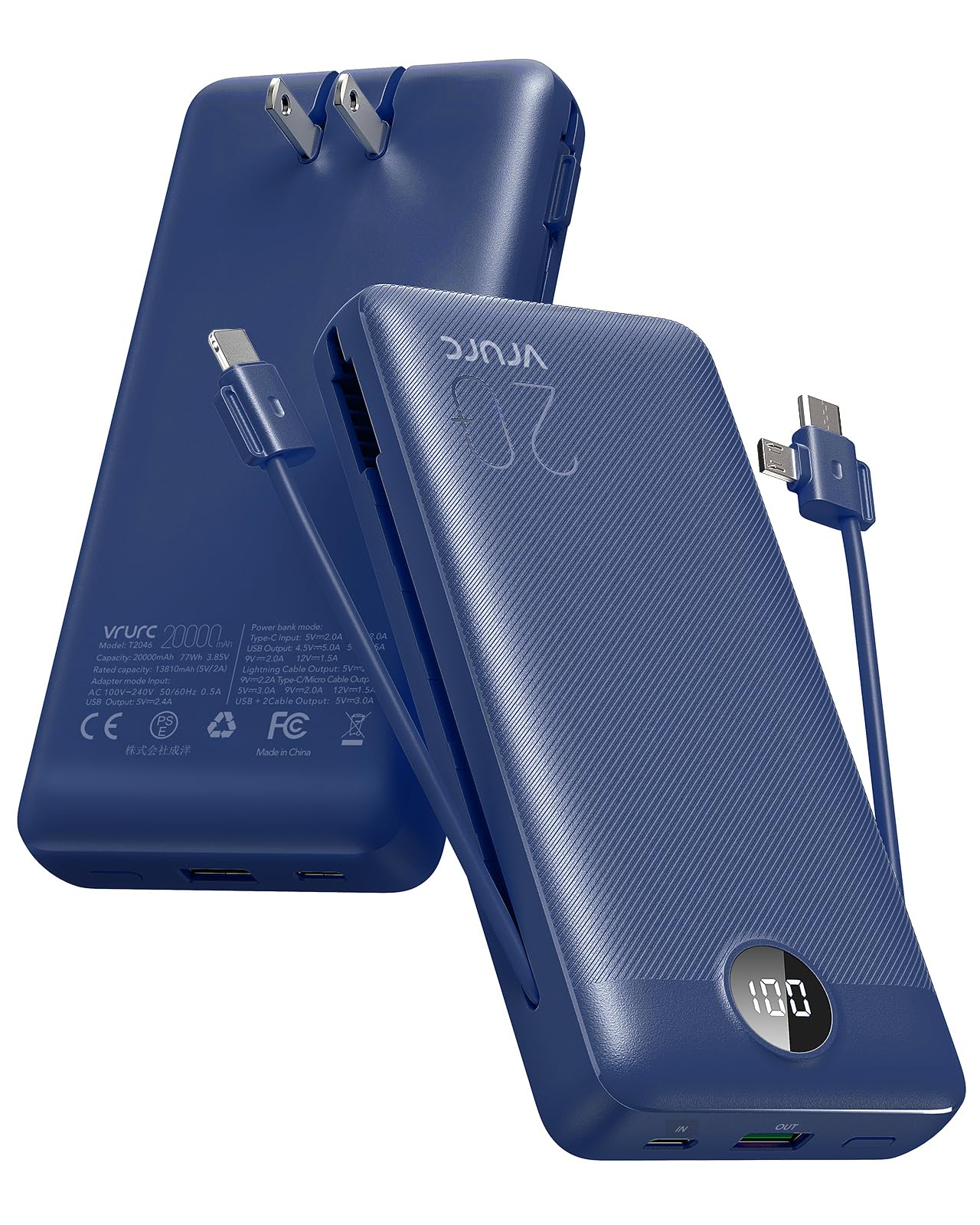 VRURC Portable Charger 20000mAh, Fast Charging Power Bank USB C,4 Output 2 Input Travel Essentials Charging Bank Equipped with LED Display,Built-in Wall Plug and Cables,Phone Charger Battery,Navy