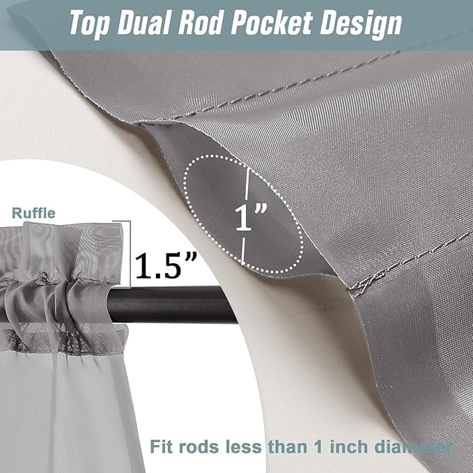 Grey Valances for Windows 14 inch Length 2 Panels, Small Voile Sheer Curtains for Bathroom, Soft Fabric Light Filtering Kitchen Curtains, Dual Rod Pocket, Charcoal Grey, 2x42Wx14L Inches