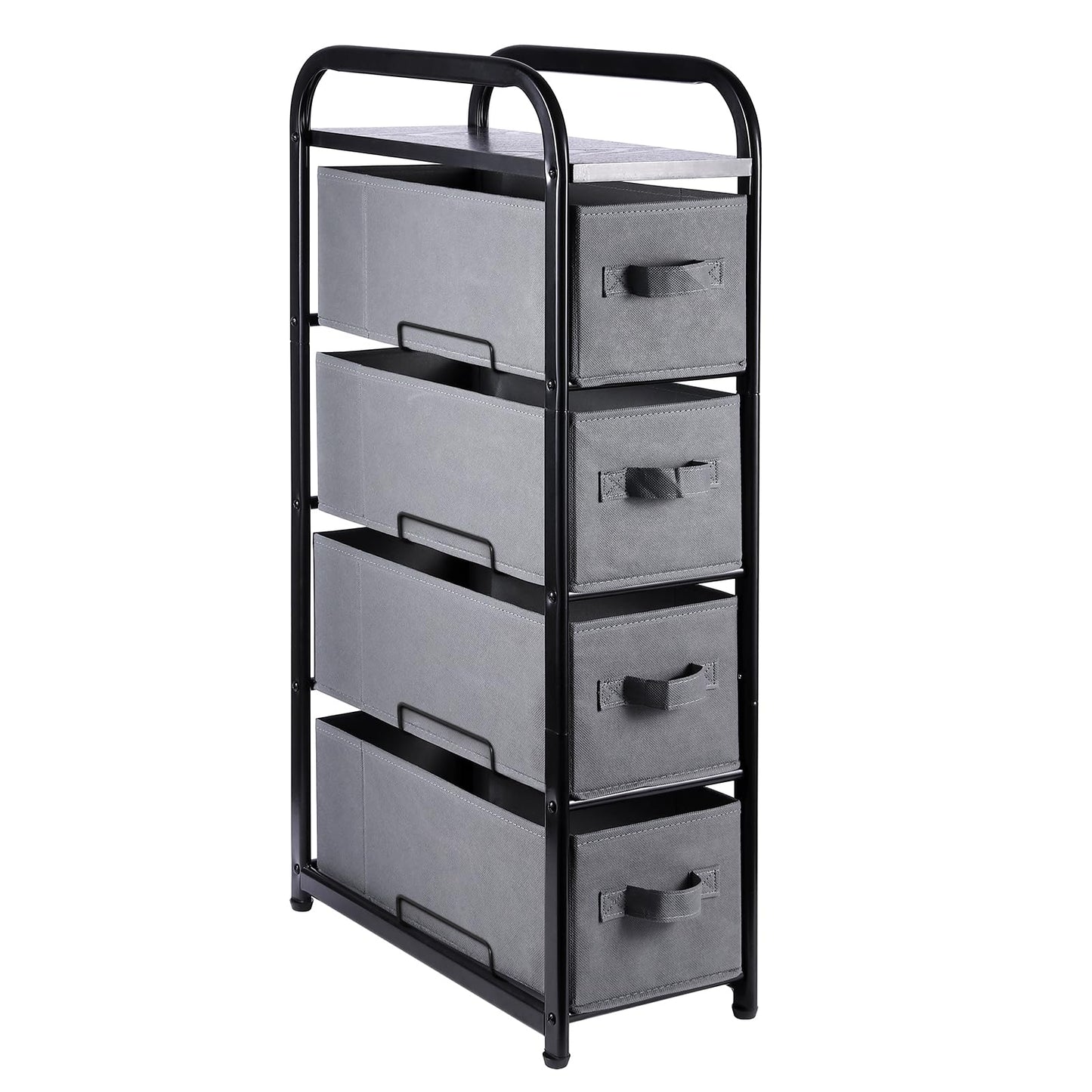 MAX Houser 4 Drawer Narrow Dresser Fabric Storage Tower Vertical Slim Storage Chest Organizer Nightstand Side/End Table Small Standing Organizer Removable Drawers Wood Top for Bedroom, Bathroom（Grey