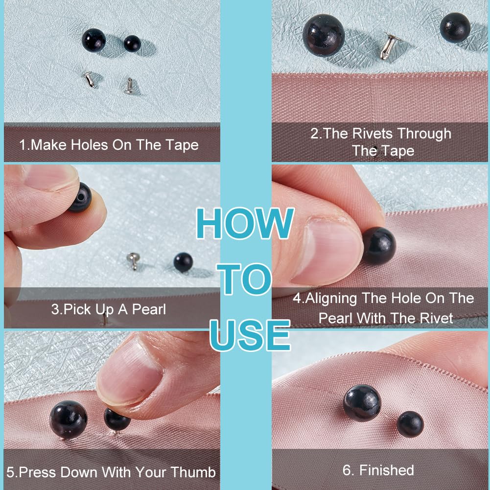 GORGECRAFT 1 Box 200 Set 2 Size Pearl Rivets Studs Black Round Plastic Pearls Buttons Stud with Pins Kit for Clothing Hat Bags Shoe Embellishments DIY Knitting Sewing Crafts Jewelry Making Supplies