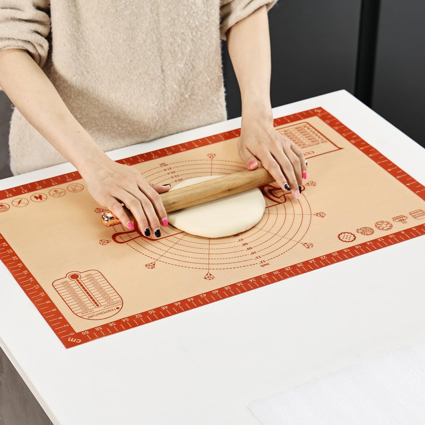 Cook's Aid Silicone Pastry Mat Extra Large with Measurements 26''x16'' for Reusable,Non-slip Silicone Baking Mat, Counter, Dough Rolling, Oven Liner,Fondant/Pie Crust, Red