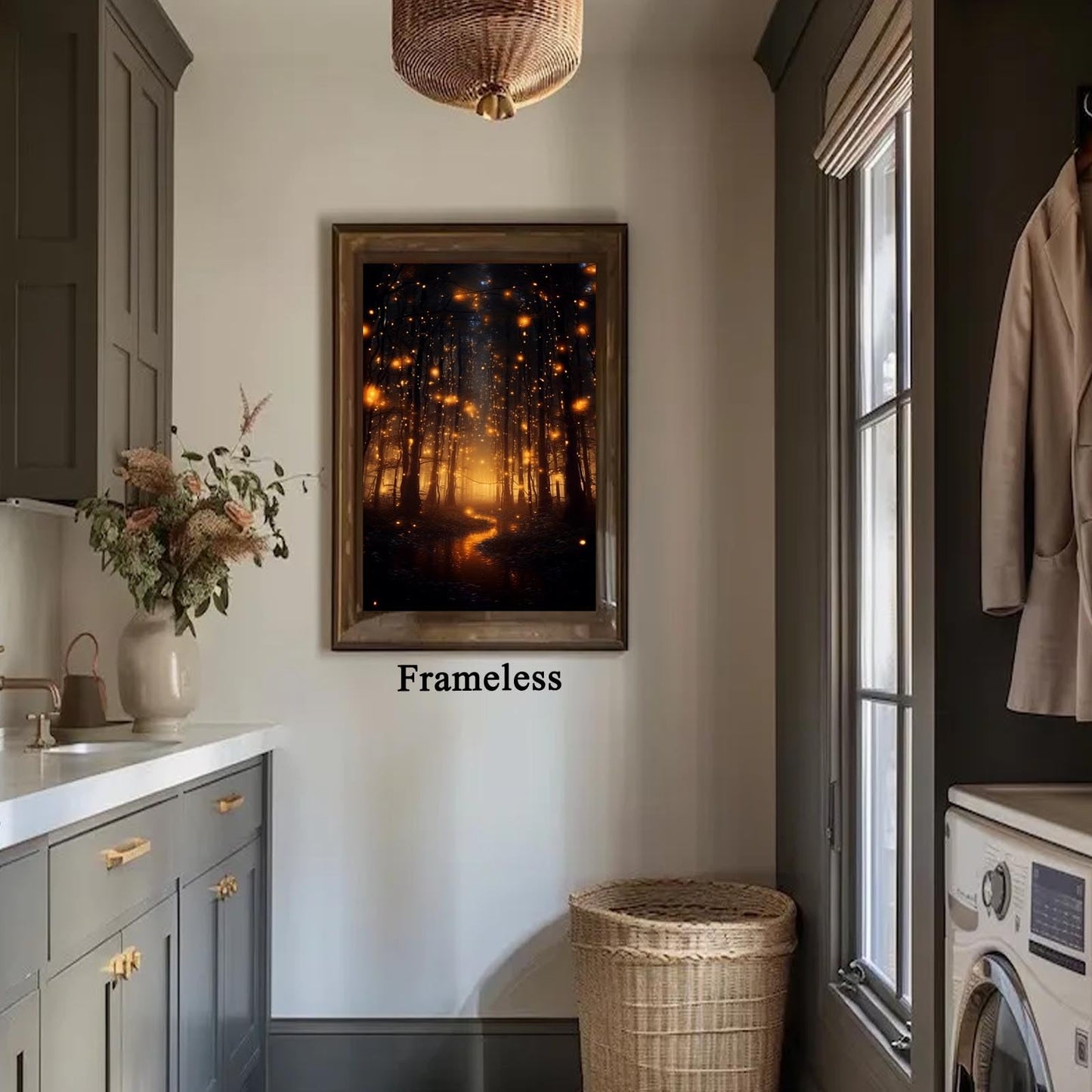 Magical Forest Wall Art Canvas - Fireflies Landscape Poster, Botanical Prints, Moody Natural Vertical Art, Dark Academia Forest Painting for Home 16x24inch No Frame