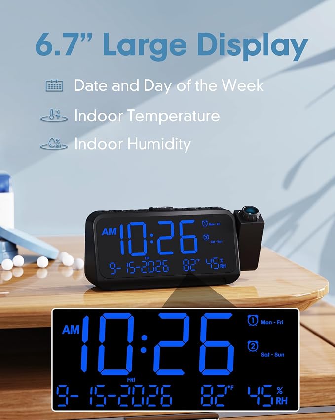 Roxicosly Projection Alarm Clock for Bedroom Ceiling, 118 dB Super Loud for Heavy Sleepers, 6.7" Large Digital Dimmable Display with Day Date Indoor Temp Humidity, Dual Alarms Adjustable Volume