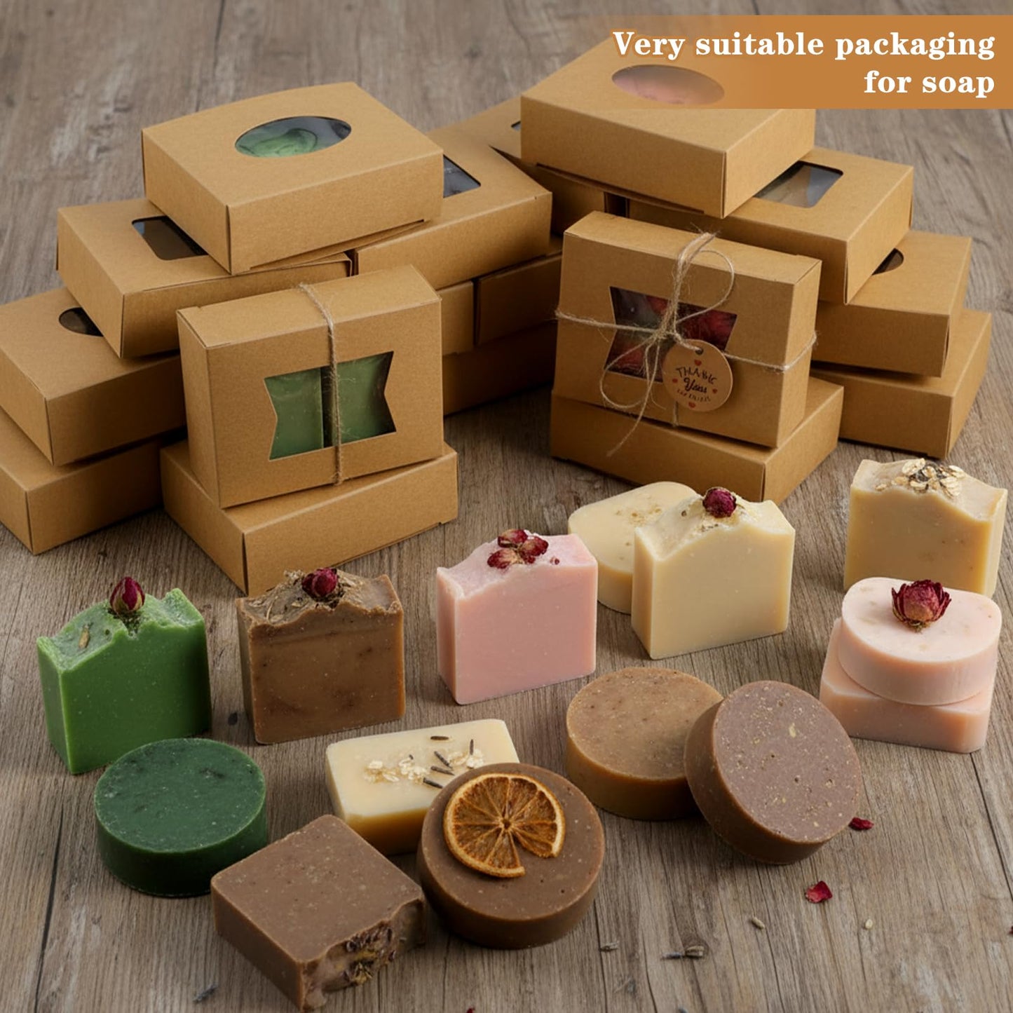 Douaowoc 100 Pcs Soap Boxes for Homemade Soap Boxes Packaging with Clear Windows Brown 3.9 x 2.8 x 1.2 Inch Empty, Making Supplies, Present Treat Gift Box for Bakery Party Favor