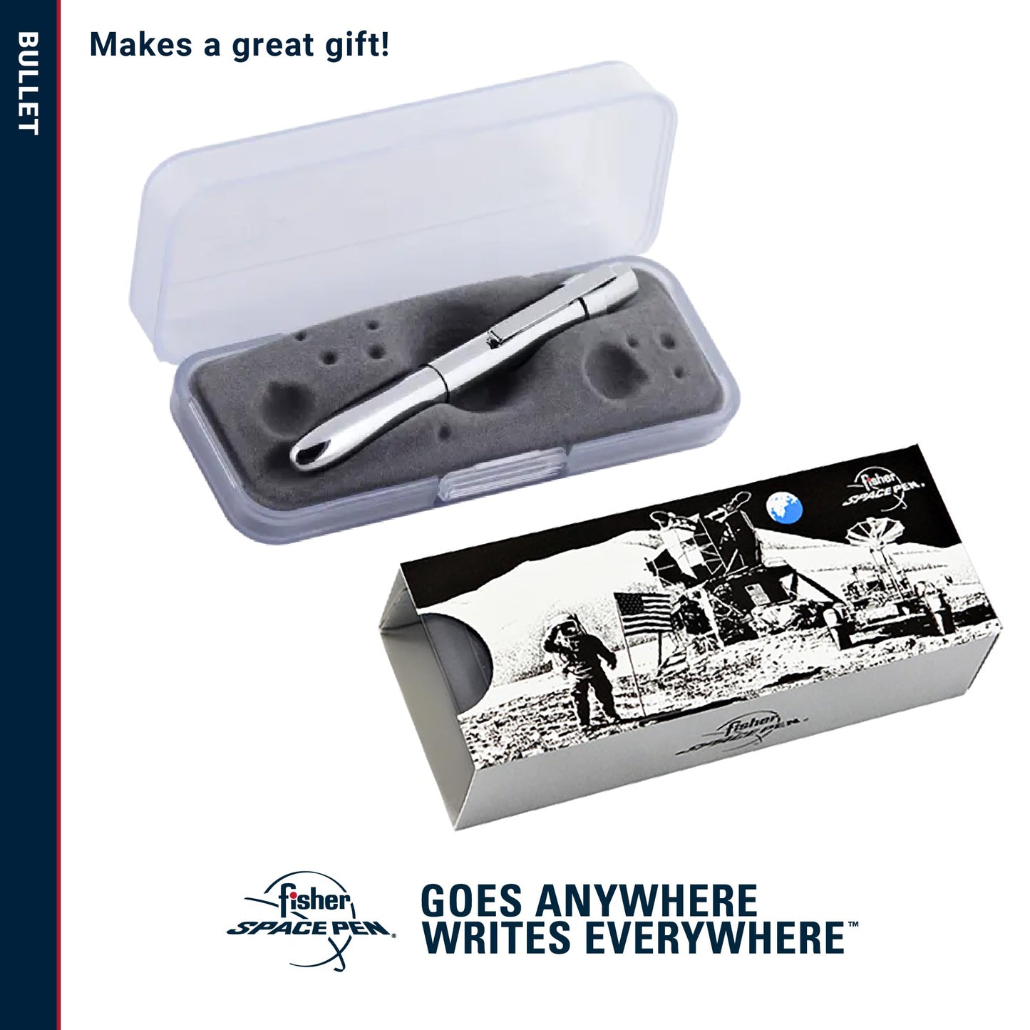 Fisher Space Pen Chrome X-Mark Flat Cap Bullet Pen, Pressurized Ballpoint Pen, Compact Size, Writes Upside Down, Extreme Temperatures, Black Ink, Medium Point, Pocket Clip, Gift Box, Made in the USA