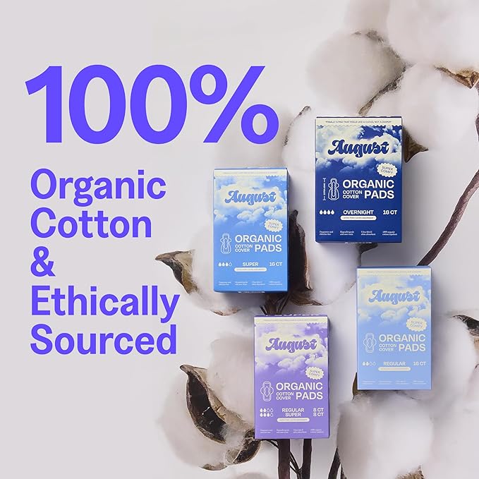 August Regular & Super Cotton Menstrual Pads, 36 (18+18) Ultra Thin Pads with Wings, Hypoallergenic Sanitary Napkins with Organic Cotton Topsheet, Compostable Wrapper, Non-Toxic, Fragrance-Free