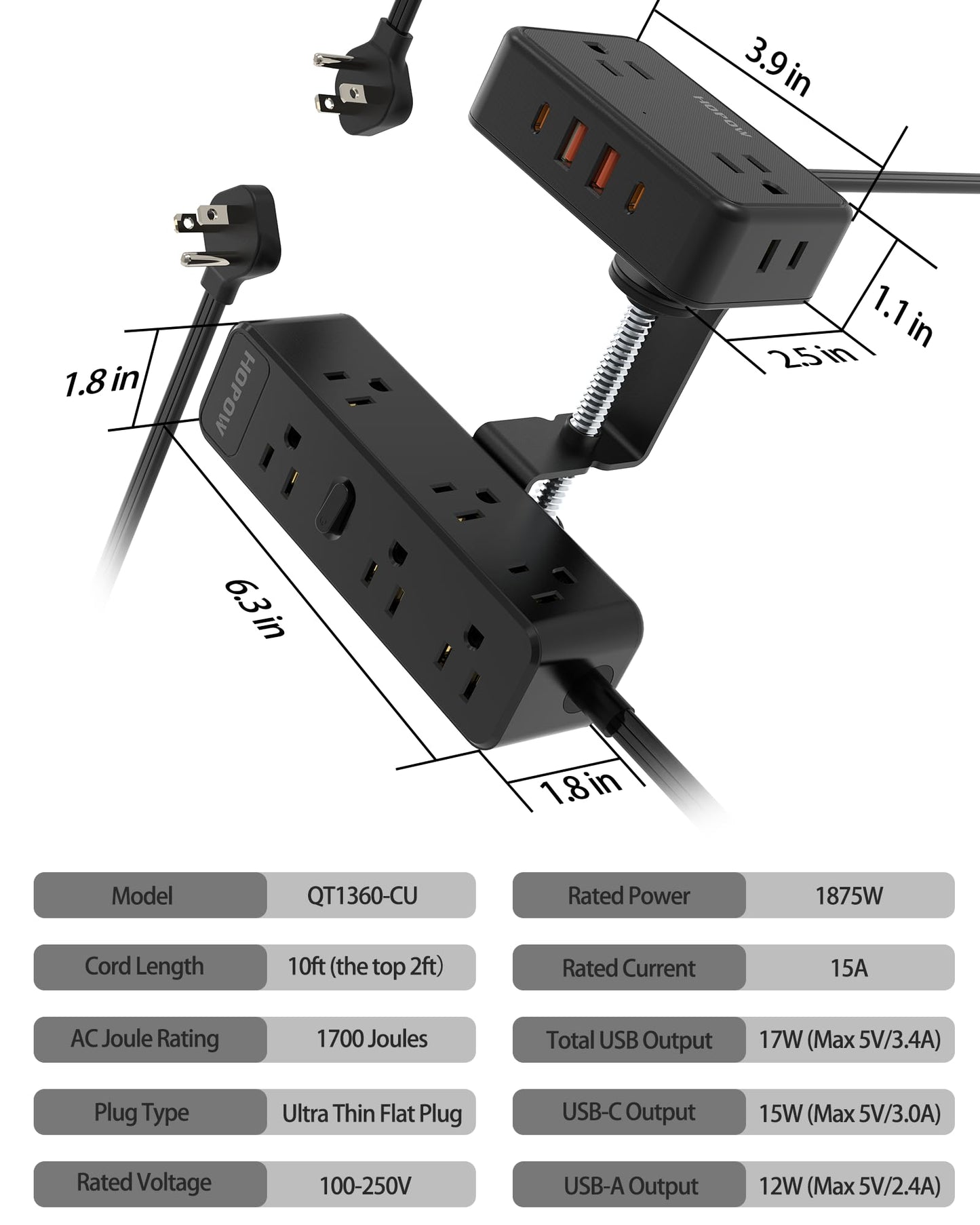 HOPOW Dual Layer Desk Clamp Power Strip, Desktop Edge Mount Charging Station with 13 Outlets 4 USB Ports (2 USB C), Under Desk Surge Protector(1700 Joules), 10 Ft Extension Cord for Office Home