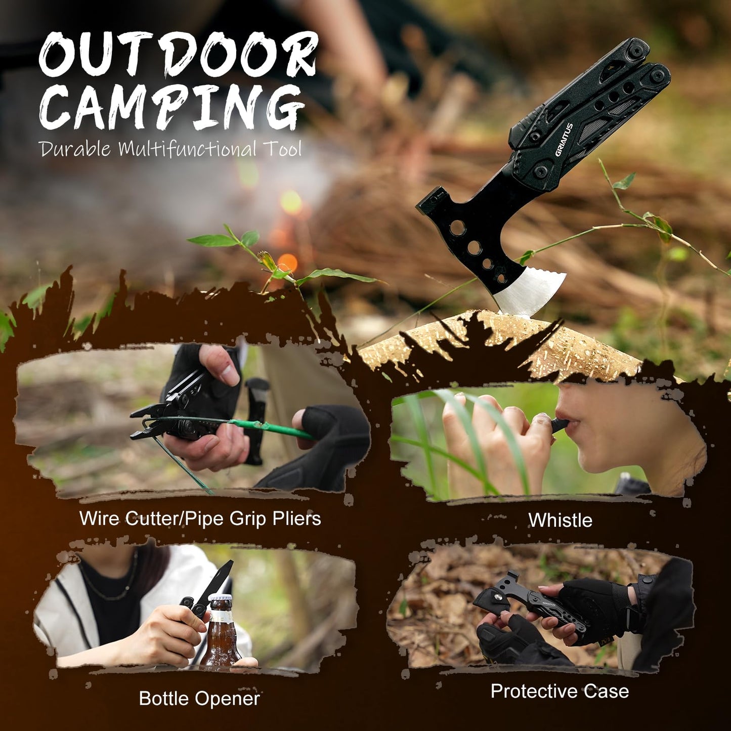Camping Essentials Multitool Camping Accessories Gifts for Men 16 in 1 Multi Tool Survival Gear with Axe Hammer Pliers Saw Screwdrivers Bottle Opener Whistle for Camping Hiking, Gifts for Dad Him
