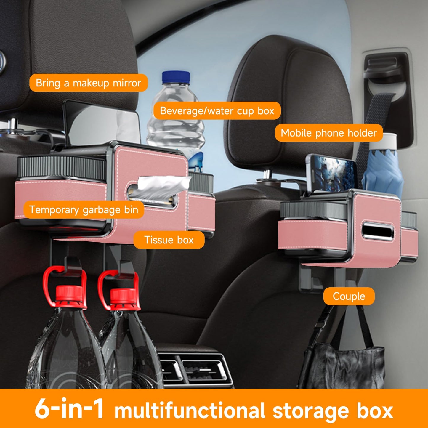 Multifunctional Car Seat Back Organizer Box with Drink Cup Holder, Makeup Mirror, Tissue Box& Hooks for Car Seat Back, New Upgrade Car Headrest Backseat Organizer Suitability for Wife, Girlfriend