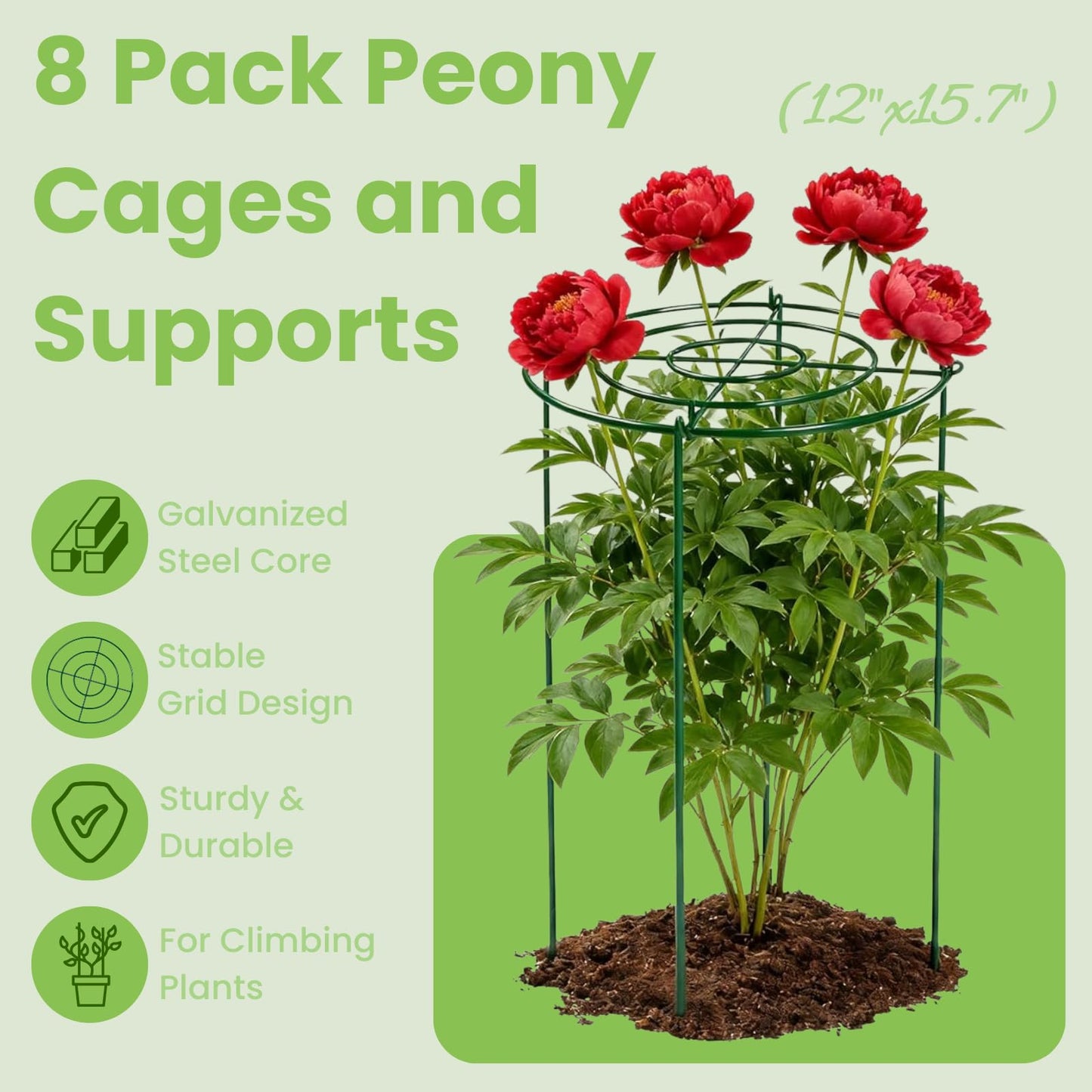 Lancisism 8 Pack Peony Cages and Supports - Heavy Duty Grow Through Metal Plant Support for Outdoor Plants - Plant Support Frame Ring for Rose Tomato Hydrangea Sage Strawberry 12" D x 16" H