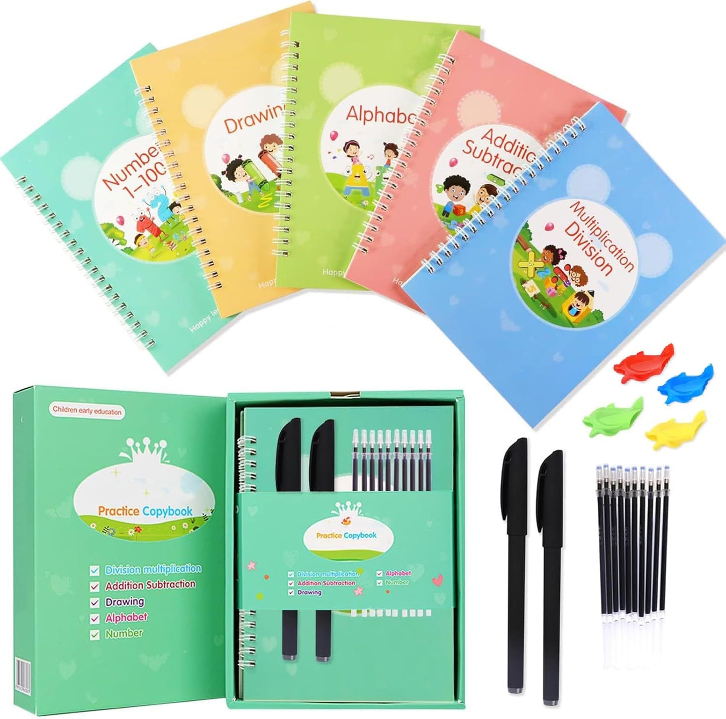 Creative Steps Magic Grooved Writing Practice Books for Kids Ages 3-5 - Reusable Handwriting Workbook Set with 5 Tracing Books, 2 Pens & 10 Refills - Alphabet Numbers Math Drawing Learning Toys for Preschool Toddlers