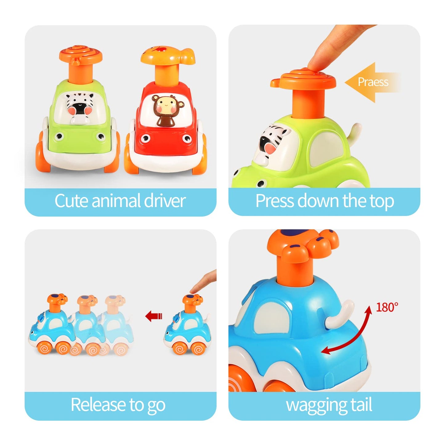 ALASOU 4 PCS Animal car Toys and 3 PCS Suction Cup Rotating Toys for Infant and Toddlers