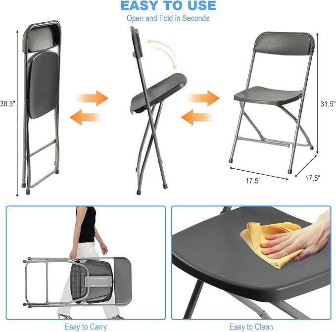 80 Pack Plastic Folding Chairs, Portable Party Chairs, Stackable Commercial Seats with Steel Frame for Home Office Wedding Party Indoor Outdoor Events Chairs, 350lbs Capacity,Gray