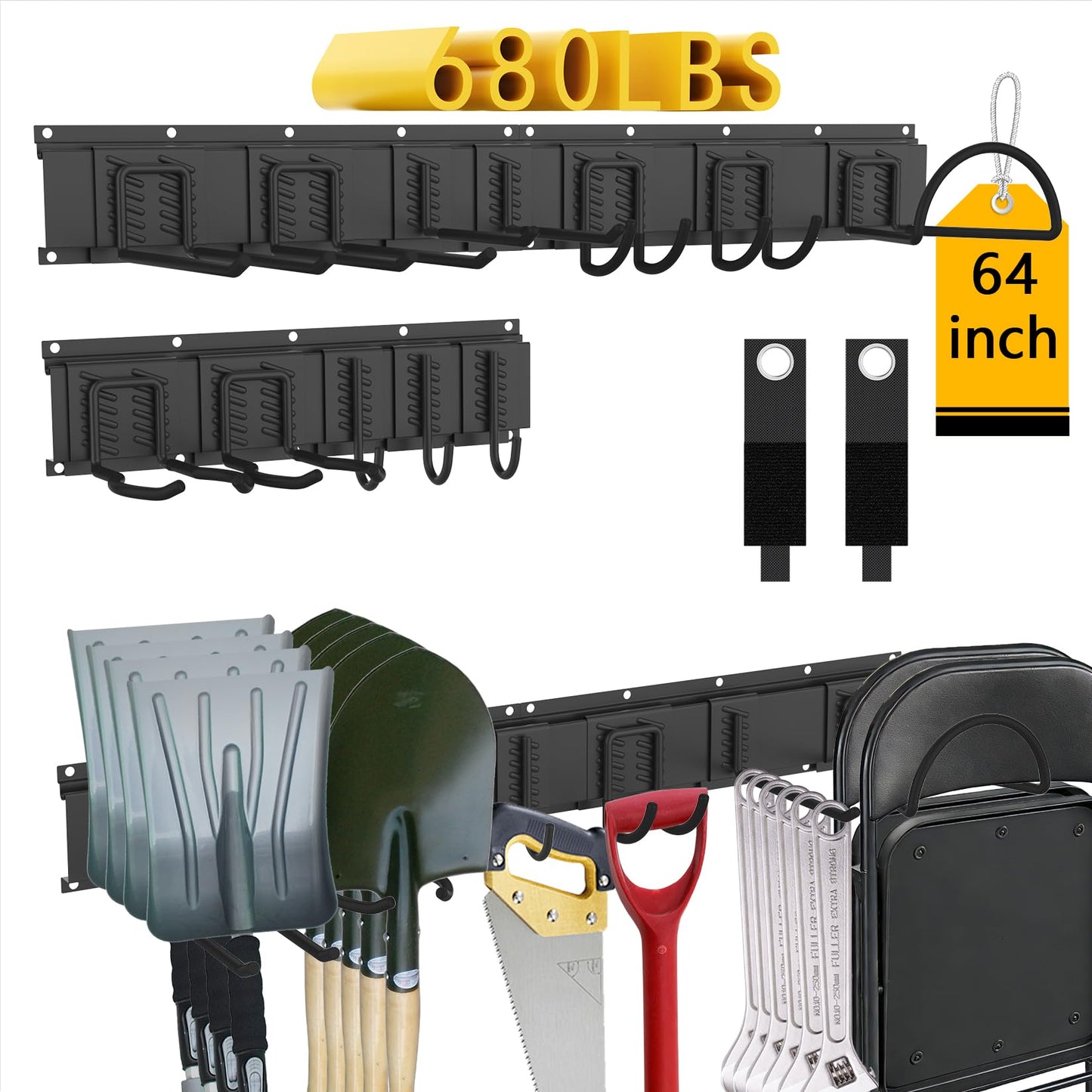 CBWLWJ Garage Tool Organizer Wall Mount, 64 inch Garage Wall Organizer, 680lbs Sturdy Garden Tool Organizer with 12 Adjustable Hooks, for Yard, Shed, Basement, Workshop(Black)