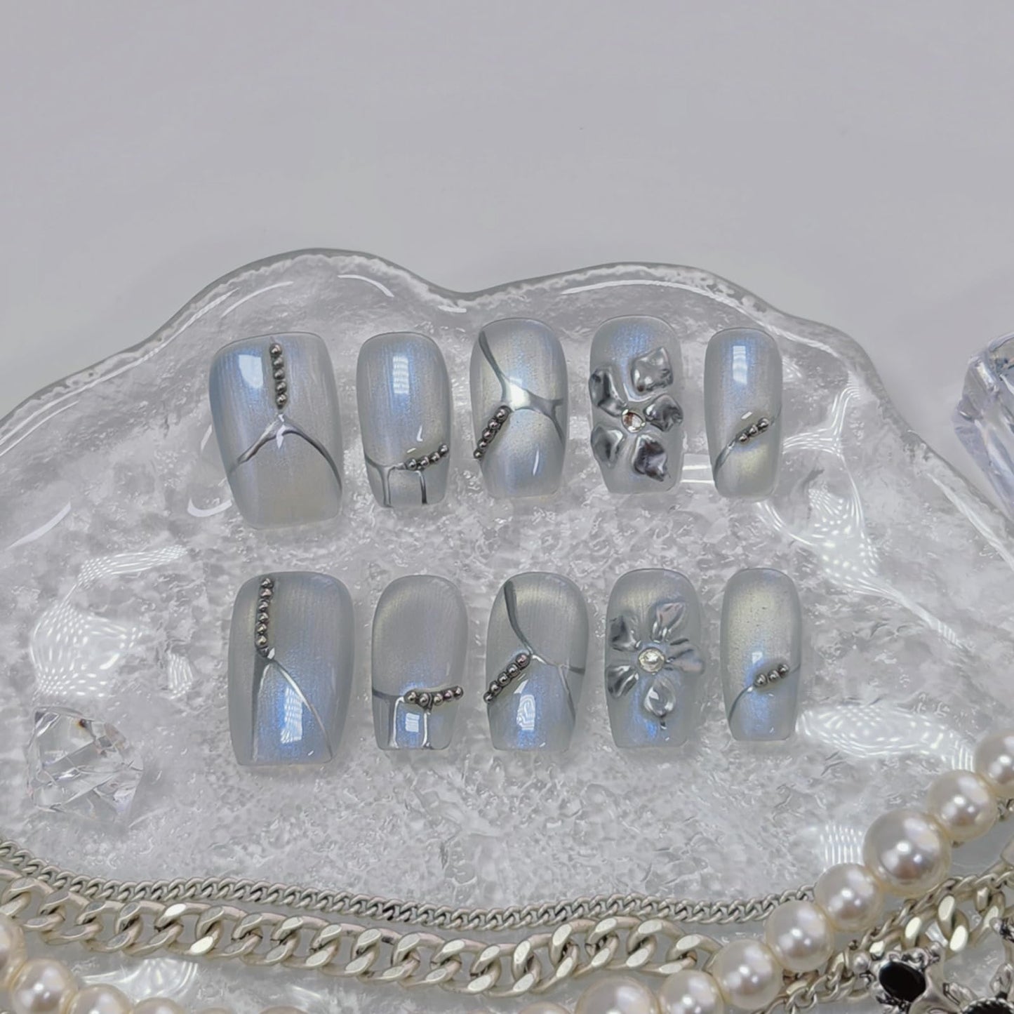 Medium Square Press on Nails Cat Eye Handmade False Nails with Designs, French Tip Short Coffin Reusable Fake Nails (Cyber Silver#Small)