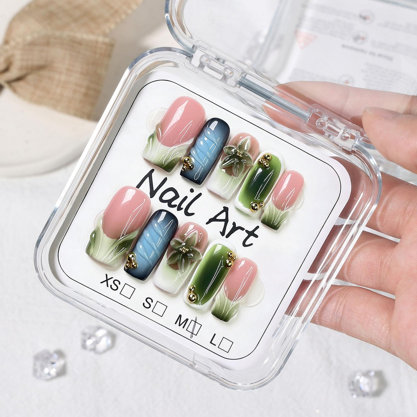 10 Pcs Handmade Press on Nails Medium Square Fake Nails with 3D Flower French Tip Design Green Acrylic False Nails M Size Press Ons Nails Square for Women