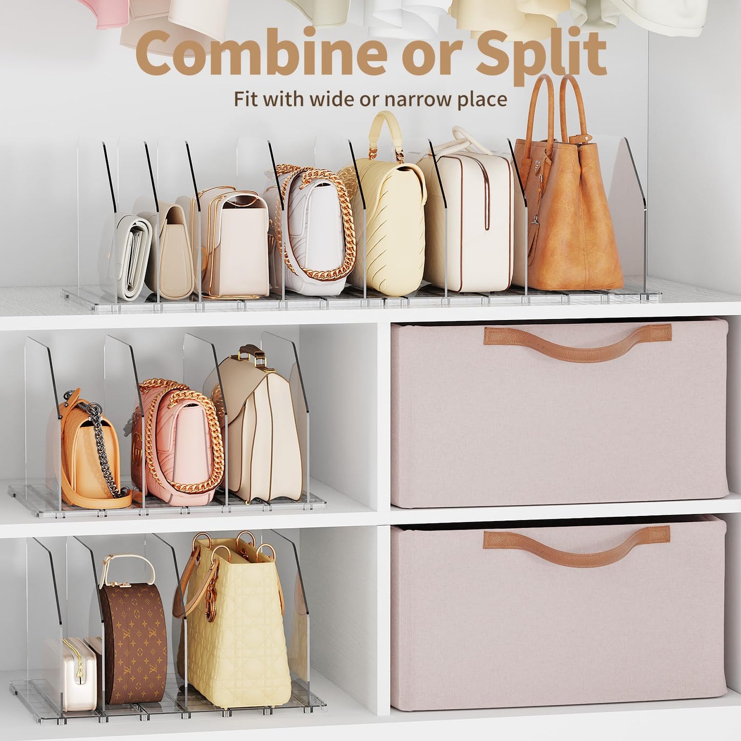 iStoreMaxy Purse Organizer for Closet, Shelf Divider Adjustable Clear Acrylic Handbag Storage, Bag Storage Separators, Keep Handbag & Books Neat and Upright in Bedroom, Office