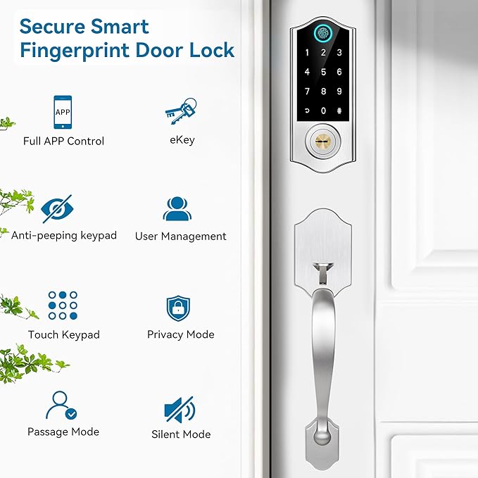 Harfo Fingerprint Smart Door Lock for Front Door with Handle Set, App Control, Keyless Entry Keyless Deadbolt, Digital Electronic Touchscreen Keypad, Auto Lock, Easy to Install, Satin Nickel