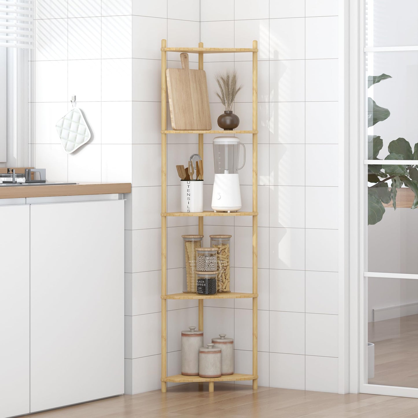 Wisuce Corner Shelf Stand - 5 Tier Natural Bamboo Small Corner Bookshelf for Office Kitchen Bedroom Plant Stand Living Room Decor Small Space