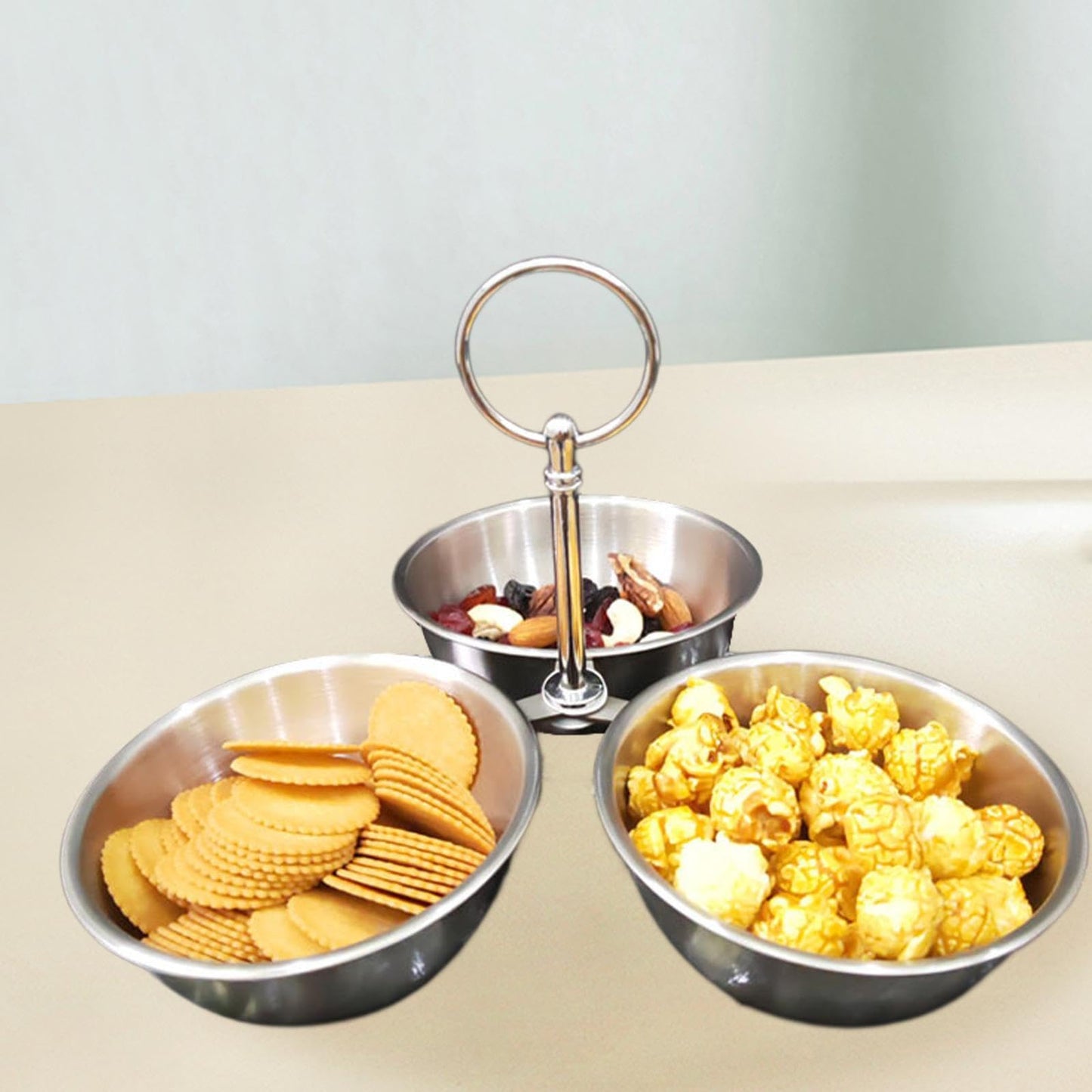 YWJLQH Snack Serving Bowl, 3 Compartment Stainless Steel Snack Stand with Bowls, Divided Serving Tray for Candy Dessert Snacks, Silver