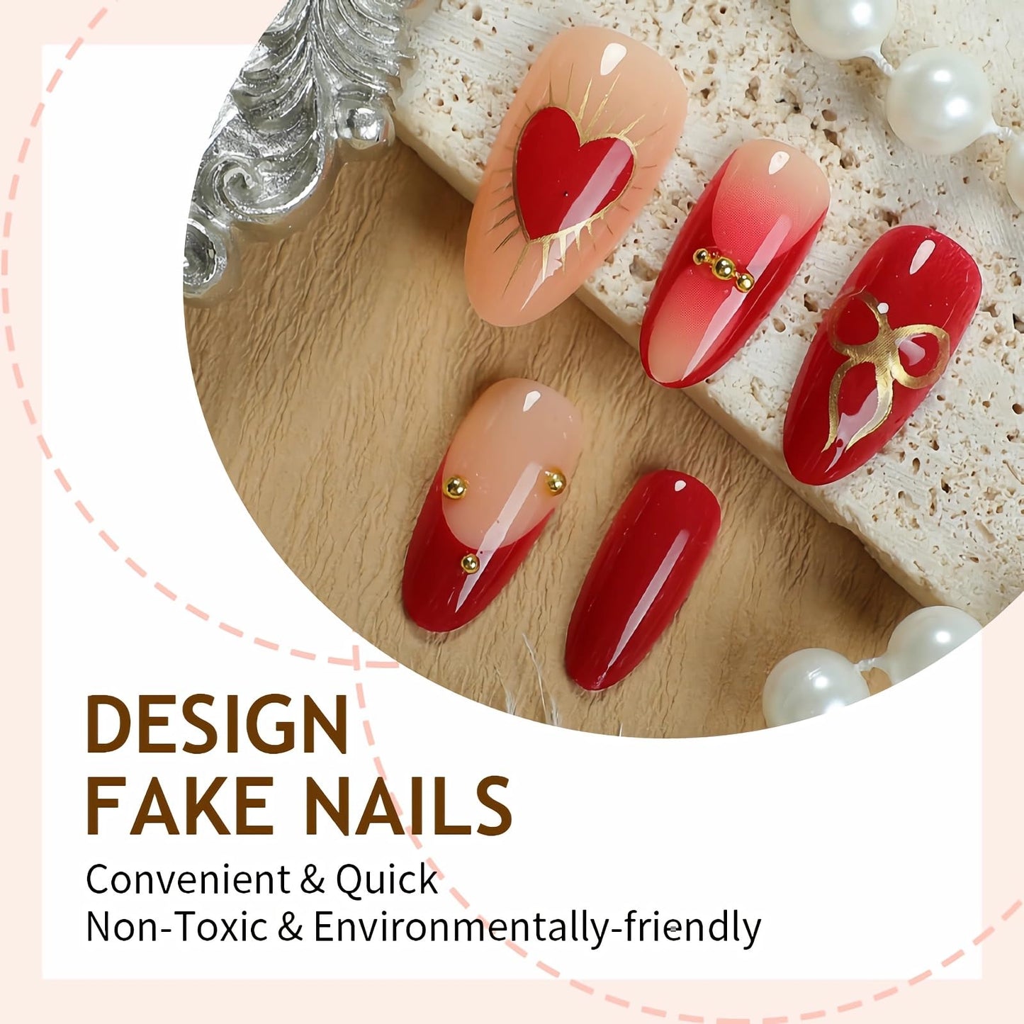 BABALAL Press on Nails Medium Almond Fake Nails Red French Tip Glue on Gold Chrome Bow Heart Design Y2k with Charm Supplies Art 24Pcs Manicure Glossy Full Cover Acrylic False Nails