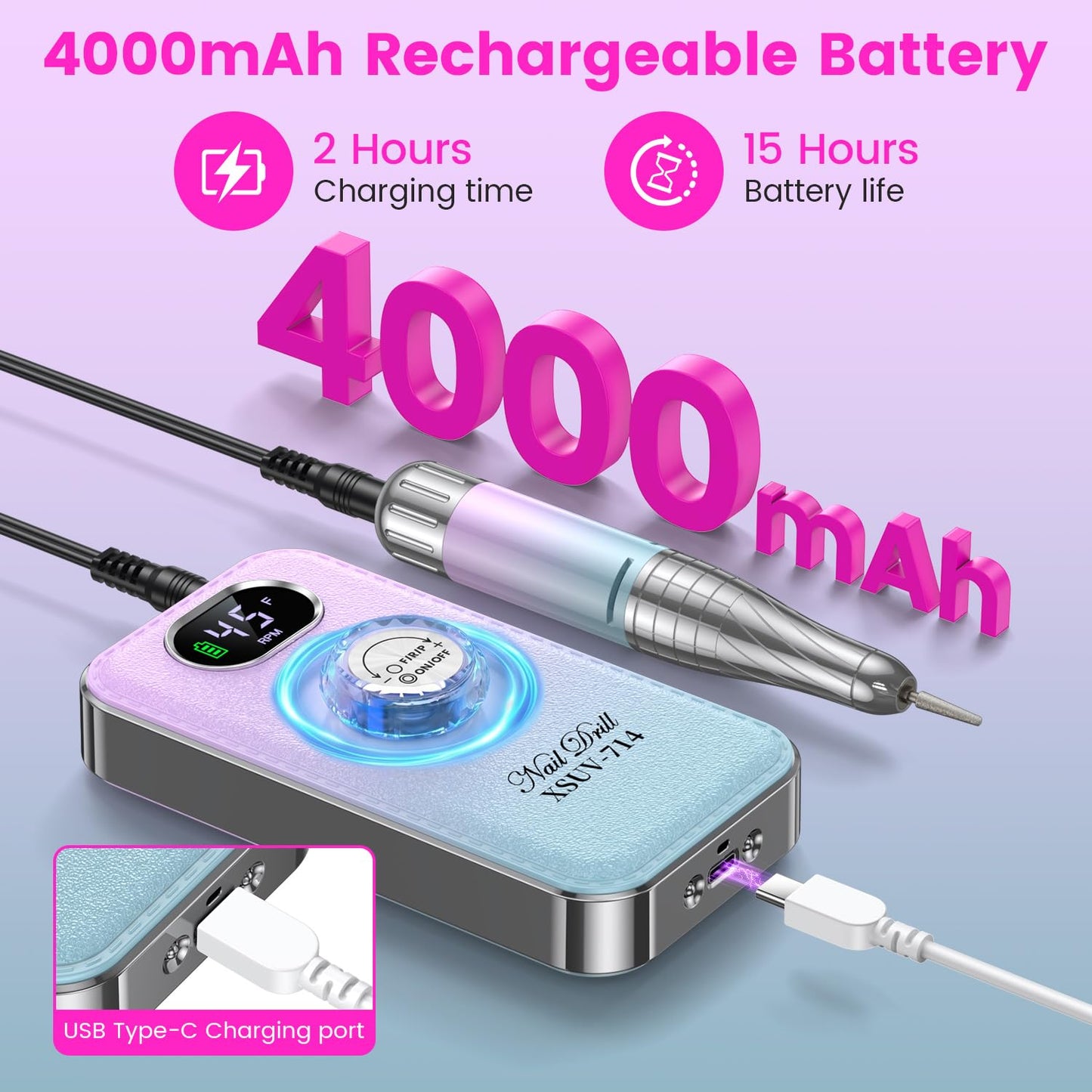 Electric Nail Drill Professional 45000RPM,Portable Drill Nails Machine with LED Display for Salon and Home Use,Rechargeable Electric Nail File Kit for Manicure Pedicure Polishing Acrylic
