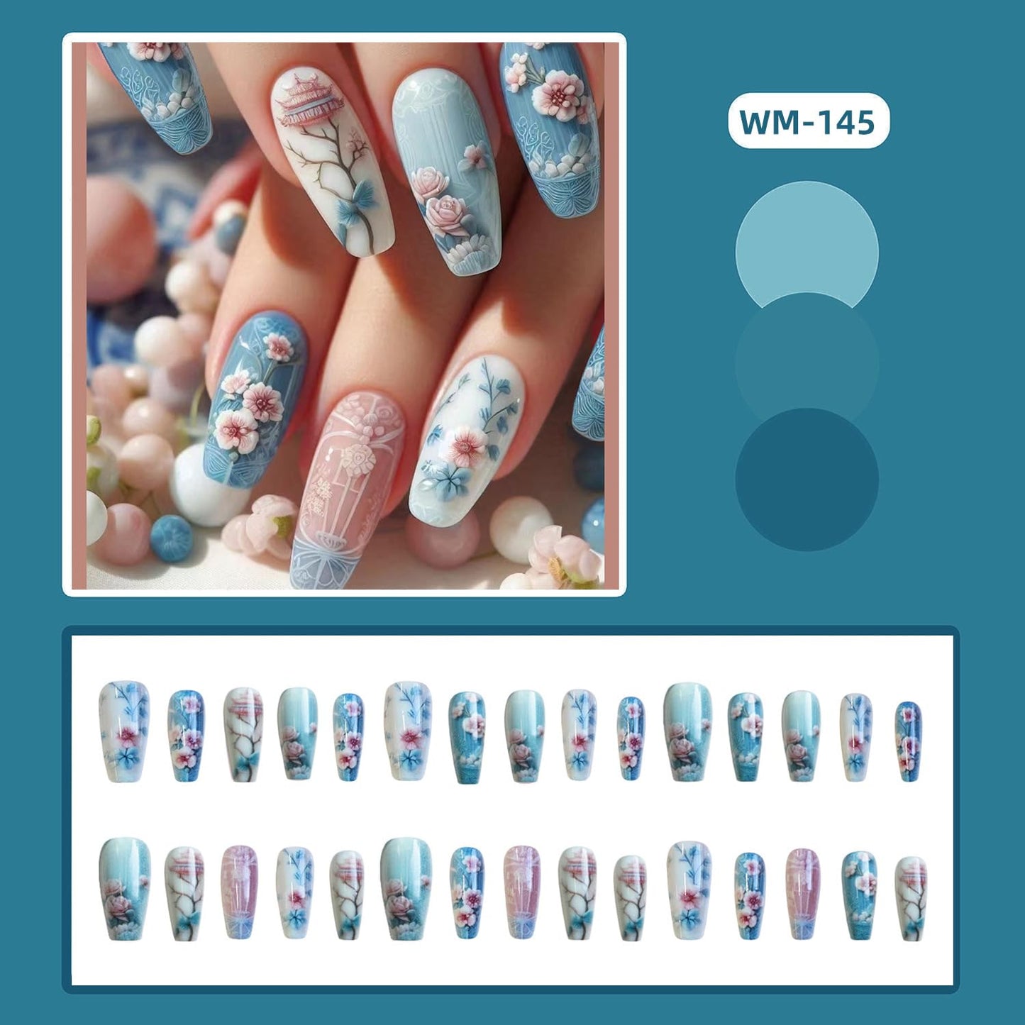 Chinese Style Begonia Press on Nails Medium Ballet Shaped Light Blue False Nails Flower Acrylic Nails Full Cover Stick on Nails Floral Design Artificial Coffin Nails Reusable Glue on Nails for Women
