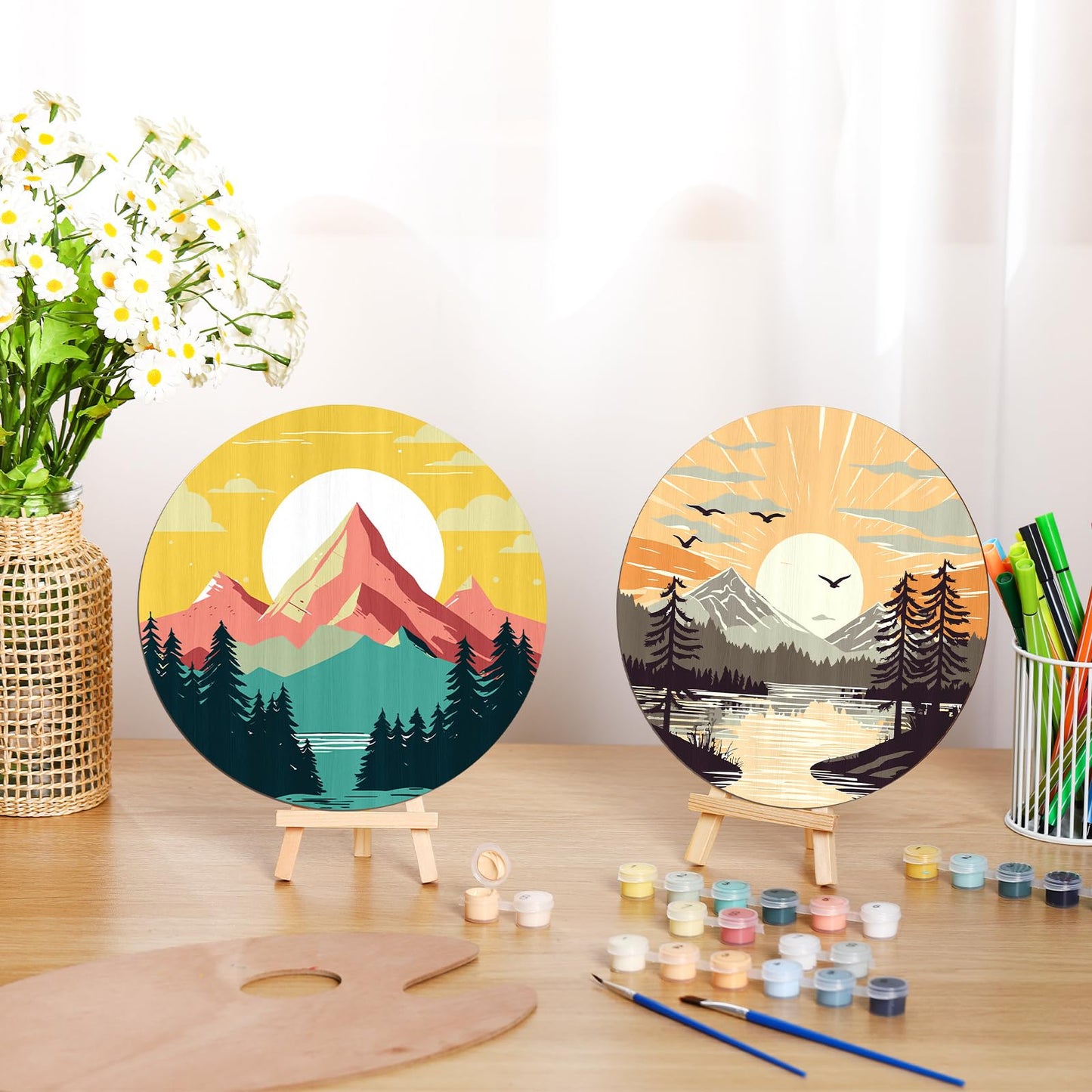 Faccito 4 Pack Wooden Landscape Paint by Numbers Kit for Adults Beginners 8 Inch Unfinished Round Wood Board Acrylic Paint Nylon Brush Hook Distant Mountains Sunset Lake DIY Crafts for Home Wall Decor