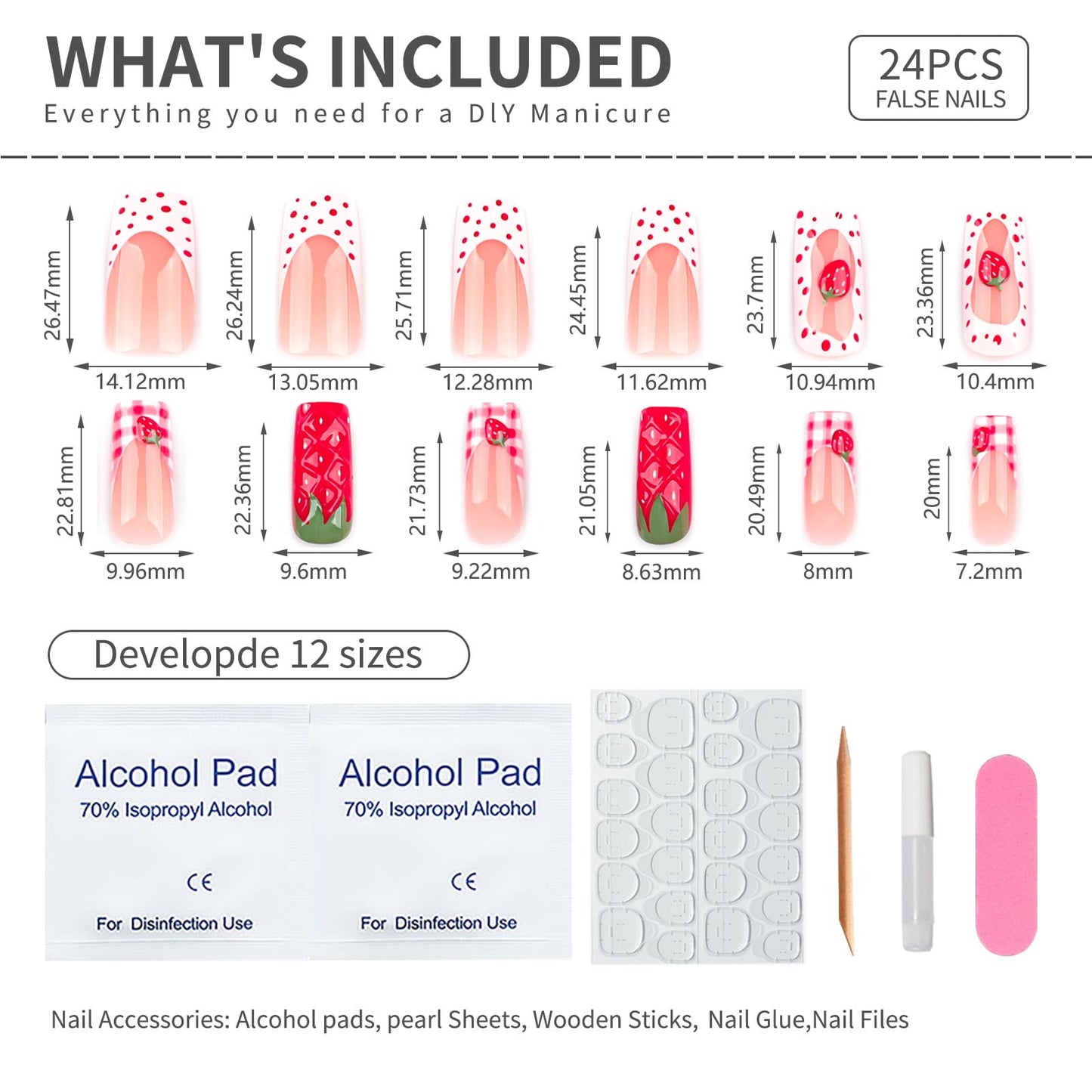 Strawberry Press On Nails Long Square 24pcs, Cute Fruit False Nails with Red Strawberry 3D Design, Pink Gingham French Tips Fake Nails, Glossy Stick On Acrylic Nails Reusable Nail Kit for Women Girls
