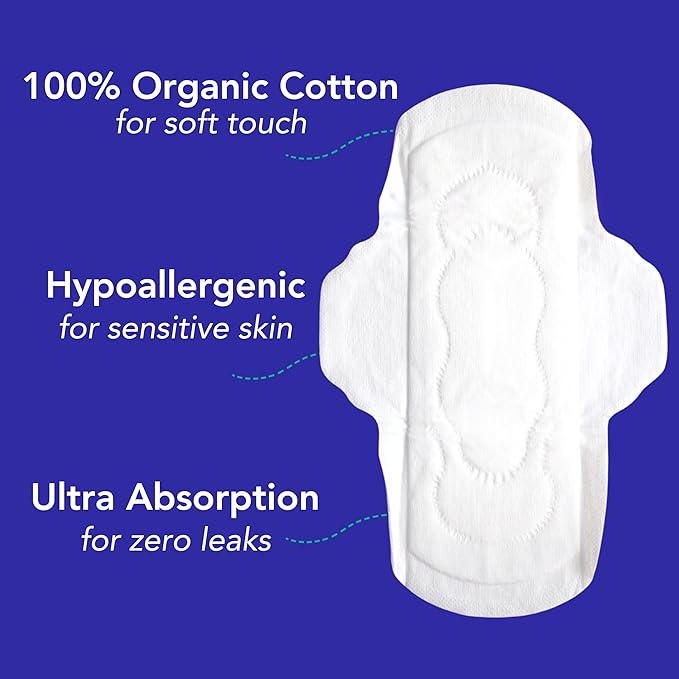Marlow 100% Organic Cotton Pads - Free from plastic, fragrance, dyes, chlorine-bleaching, Ultra Soft, Leak Proof, Super Absorbent with extra sticky wings, Regular (Day Time), White