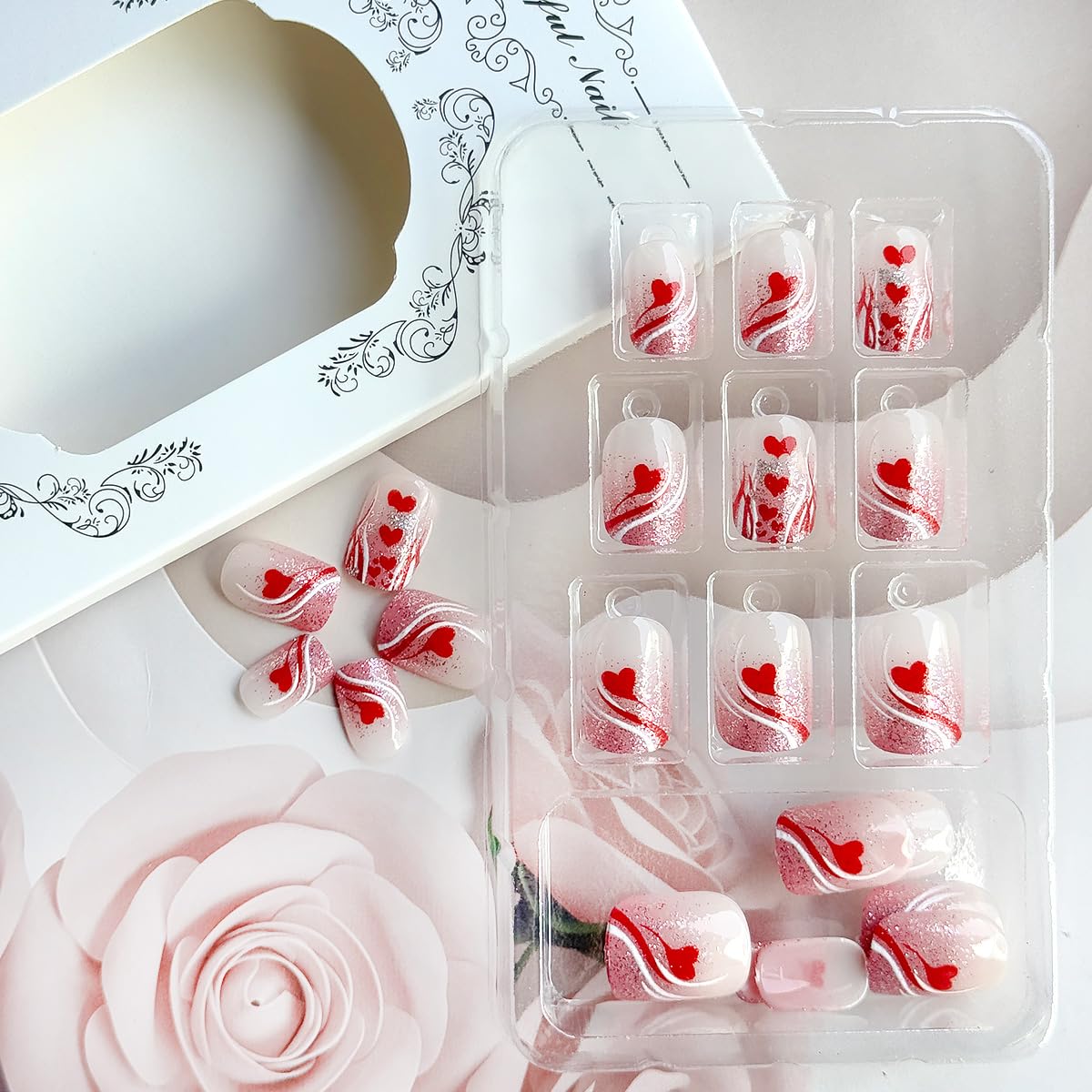 24Pcs French Tip Valentines Nails Red Heart Press on Nails Short Square Fake Nails Silver Glitter False Nails Line Artificial Nails Nude Stick on Nails Full Cover Glue on Nails for Women Nails Art